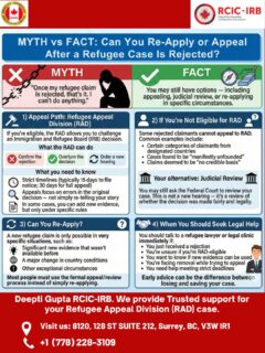 🚨 MYTH vs FACT: What Happens After a Refugee Case Is Rejected?A rejected refugee claim doesn’t always mean the journey ends. Many people still have legal pathways to challenge or review the decision — but strict deadlines and complex rules make it crucial to act fast.📌 What this post covers:
• When you can appeal through the Refugee Appeal Division (RAD)
• What to do if you’re not eligible for RAD
• When judicial review may be an option
• Whether you can re-apply in special circumstances
• Why early legal guidance can protect your rightsIf you or someone you know has received a refugee decision, don’t navigate this alone. Understanding your options quickly can make a life-changing difference.📞 Need support with your RAD appeal?Don’t wait until it’s too late. Get professional guidance from Deepti Gupta, RCIC-IRB, and secure your claim before the rules change.📍 8120, 128 ST SUITE 212, Surrey, BC, V3W 1R1
📲 Call: +1 (778) 228-3109
💬 WhatsApp: +1 (778) 228-3109
🌐 https://doorstepimmigration.ca/🛡️ Your rights matter — get the help you deserve.