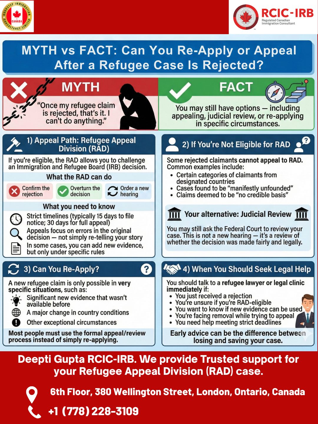 🚨 MYTH vs FACT: What Happens After a Refugee Case Is Rejected?A rejected refugee claim doesn’t always mean the journey ends. Many people still have legal pathways to challenge or review the decision — but strict deadlines and complex rules make it crucial to act fast.📌 What this post covers:
• When you can appeal through the Refugee Appeal Division (RAD)
• What to do if you’re not eligible for RAD
• When judicial review may be an option
• Whether you can re-apply in special circumstances
• Why early legal guidance can protect your rightsIf you or someone you know has received a refugee decision, don’t navigate this alone. Understanding your options quickly can make a life-changing difference.📞 Need support with your RAD appeal?Don’t wait until it’s too late. Get professional guidance from Deepti Gupta, RCIC-IRB, and secure your claim before the rules change.📍 6th Floor, 380 Wellington Street, London, Ontario, Canada
📲 Call: +1 (778) 228-3109
💬 WhatsApp: +1 (778) 228-3109
🌐 https://doorstepimmigration.ca/🛡️ Your rights matter — get the help you deserve.