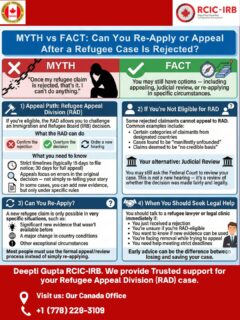 🚨 MYTH vs FACT: What Happens After a Refugee Case Is Rejected?A rejected refugee claim doesn’t always mean the journey ends. Many people still have legal pathways to challenge or review the decision — but strict deadlines and complex rules make it crucial to act fast.📌 What this post covers:
• When you can appeal through the Refugee Appeal Division (RAD)
• What to do if you’re not eligible for RAD
• When judicial review may be an option
• Whether you can re-apply in special circumstances
• Why early legal guidance can protect your rightsIf you or someone you know has received a refugee decision, don’t navigate this alone. Understanding your options quickly can make a life-changing difference.📞 Need support with your RAD appeal?Don’t wait until it’s too late. Get professional guidance from Deepti Gupta, RCIC-IRB, and secure your claim before the rules change.📍 Visit us at our Canada office.
📲 Call: +1 (778) 228-3109
💬 WhatsApp: +1 (778) 228-3109
🌐 https://doorstepimmigration.ca/🛡️ Your rights matter — get the help you deserve.