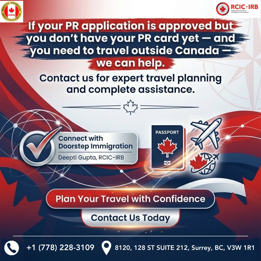 ✈️ PR Approved but PR Card Not in Hand Yet? 🇨🇦If your PR application is approved and you need to travel outside Canada before receiving your PR card, don’t stress—we’ve got you covered. From the right documentation to smart travel planning, we guide you every step of the way.✅ Expert advice
✅ Complete travel assistance
✅ Trusted RCIC-IRB support📌 Connect with Doorstep Immigration
👩💼 Deepti Gupta, RCIC-IRBYour safety matters. Your story matters. And we’re here to help you present it with clarity and confidence.📍 6th Floor, 380 Wellington Street, London, Ontario, Canada
📞 +1 (778) 228-3109
🌐 doorstepimmigration.ca#PRApproved #CanadaPR #PRCard #TravelAssistance #PRTD #DoorstepImmigration #RCIC #CanadaImmigration #TravelWithConfidence