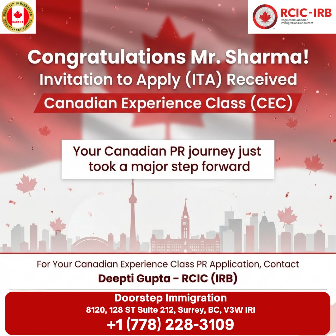 ✨ Another success story, another step closer to Canadian PR 🇨🇦Heartiest congratulations to Mr. Sharma on receiving his ITA under the CEC program. With the right strategy and regulated guidance, your PR goals are achievable.If you or someone you know is starting this process and needs help making sure every document is in place, we’re here to support you every step of the way.👩💼 Deepti Gupta, RCIC-IRB
📍 8120, 128 ST SUITE 212, Surrey, BC, V3W 1R1
📍 6th Floor, 380 Wellington Street, London, Ontario, Canada
📞 +1 (778) 228-3109
🌐 doorstepimmigration.caAt Doorstep Immigration, we’re proud to guide families through every step of the immigration journey with care, clarity, and confidence.Your safety matters. Your story matters. And we’re here to help you present it with clarity and confidence.#ClientSuccess #CanadaPR #CECProgram #RCICConsultant #ImmigrationExperts #PRApproved #CanadaImmigration #InsideCanada #DoorstepImmigration #RCIC #CanadianPR #SuccessStory