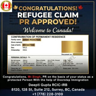 Big news, big moment 🇨🇦✨From uncertainty to a fresh start — this is what perseverance looks like.Congratulations, Mr. Singh, on receiving your Permanent Residency through your protected person status. Your journey is a powerful reminder that no matter how tough the road gets, the right support and determination can open new doors.Here’s to new beginnings, new opportunities, and a brighter future in Canada! 🍁If you’re dreaming of your own success story, we’re here to guide you every step of the way.Doorstep Immigration ਦੀ ਤਜਰਬੇਕਾਰ ਟੀਮ ਤੁਹਾਡੀ ਹਰ ਕਦਮ ‘ਤੇ ਮਦਦ ਕਰੇਗੀ।📞 ਅੱਜ ਹੀ ਸੰਪਰਕ ਕਰੋ
👩💼 ਦੀਪਤੀ ਗੁਪਤਾ, RCIC-IRB
📞 Call / WhatsApp: +1 778 228 3109
📧 info@doorstepimmigration.ca
🌐 www.doorstepimmigration.ca
📍 8120, 128 St, Suite 212, Surrey, BC, Canadaਤੁਹਾਡੀ ਸੁਰੱਖਿਆ – ਸਾਡੀ ਪਹਿਲ।#RefugeeClaim #CanadaImmigration #DoorstepImmigration #RefugeeProtection #PunjabiCommunity #CanadaVisa #ImmigrationHelp