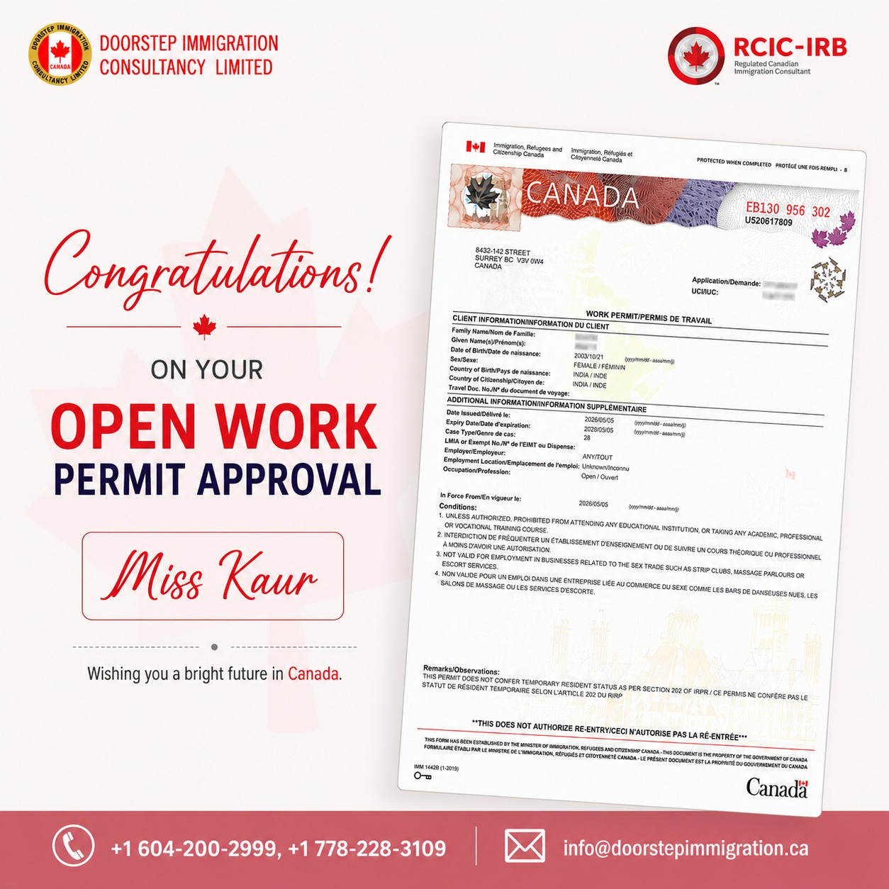 Another milestone achieved ✨🎉 Congratulations to Miss Kaur on receiving her Open Work Permit Approval – Canada 🇨🇦
Wishing you success, new opportunities, and a bright future ahead.Thank you for trusting Doorstep Immigration Consultancy Limited to be part of your journey.📞 Deepti Gupta (RCIC-IRB)
+1 778 228 3109
📍 Offices in Surrey, British Columbia & London, Ontario, Canada#OpenWorkPermit #CanadaApproval #WorkPermitCanada #CanadaImmigration #DoorstepImmigration #SuccessStory #CanadianDream