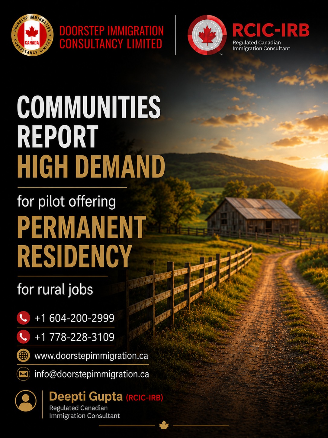 🇨🇦 Rural Communities Across Canada Report Strong Demand for Permanent Residency Pilot ProgramsCanada’s rural communities continue to seek skilled workers to address labour shortages, with growing interest in immigration pathways that support long-term settlement and economic growth.The Rural Community Immigration Pilot offers eligible foreign workers an opportunity to build a future in Canada while contributing to the success of local communities. For many applicants, it can be a valuable pathway toward Canadian Permanent Residency.If you're considering working and settling in a rural Canadian community, understanding your eligibility and choosing the right immigration pathway is essential.✅ Rural Community Immigration Pilot (RCIP)
✅ Permanent Residency Pathways
✅ Work Permit Assistance
✅ Employer-Driven Immigration Programs
✅ Personalized Immigration Solutions👩‍💼 Deepti Gupta (RCIC-IRB)
Regulated Canadian Immigration Consultant📞 Call Us Today
+1 604-200-2999
+1 778-228-3109📧 Email:
info@doorstepimmigration.ca🌐 Website:
www.doorstepimmigration.ca📍 Offices:
Surrey, British Columbia & London, Ontario, Canada📰 Read the full article:
https://toronto.citynews.ca/2026/06/14/communities-report-high-demand-for-pilot-offering-permanent-residency-for-rural-jobs/#CanadaImmigration #RuralCommunityImmigrationPilot #RCIP #PermanentResidency #CanadaPR #WorkInCanada #RuralJobsCanada #CanadianImmigration #ImmigrateToCanada #SkilledWorkers #ForeignWorkers #RCIC #DeeptiGupta #DoorstepImmigration #CanadaJobs #WorkPermitCanada #SurreyBC #LondonOntario #ImmigrationConsultant #CanadaOpportunities #MoveToCanada #CanadianDream #RuralCanada #PRPathway #CanadaVisa