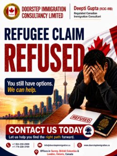 🚨 Refugee Claim Refused? You May Still Have Options.A refused refugee claim does not always mean the end of your immigration journey. Depending on your situation, there may be legal pathways available to help you remain in Canada.At Doorstep Immigration Consultancy Limited, Deepti Gupta (RCIC-IRB) provides professional guidance to help you understand your options and take the next steps with confidence.📞 Contact us today for a confidential consultation.📍 Offices in Surrey, British Columbia & London, Ontario
📞 +1 604-200-2999 | +1 778-228-3109
📧 info@doorstepimmigration.ca
🌐 www.doorstepimmigration.ca#RefugeeClaim #RefugeeClaimRefused #CanadaImmigration #RCIC #ImmigrationConsultant #DoorstepImmigration #DeeptiGupta #ImmigrationHelp #StayInCanada #CanadaVisa #ImmigrationSupport #LegalImmigration #CanadianImmigration