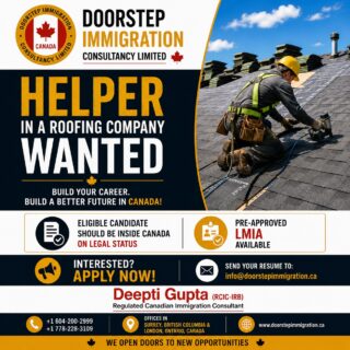🔨 Helper Wanted in a Roofing Company – Opportunity Awaits in Canada! 🇨🇦Looking to start or grow your career in the roofing industry?Doorstep Immigration Consultancy Limited is hiring Helpers for a Roofing Company for employers with Pre-Approved LMIA Available.Eligibility:
✅ Must be inside Canada
✅ Must have valid legal statusIf you're hardworking, motivated, and ready to build a better future, this could be your next opportunity.📩  Send your resume: info@doorstepimmigration.ca📞 Call us:
+1 604-200-2999
+1 778-228-3109Deepti Gupta (RCIC-IRB)
Regulated Canadian Immigration Consultant📍 Offices in Surrey, British Columbia & London, OntarioTake the next step toward a rewarding career with trusted immigration guidance and genuine employment opportunities.#HelperJobs #RoofingJobs #LMIAJobs #PreApprovedLMIA #JobsInCanada #ConstructionJobs #HiringNow #WorkInCanada #SkilledTrades #CanadaCareers #LegalStatus #ImmigrationCanada #DoorstepImmigration #RCIC #BuildYourFuture #CanadaJobs