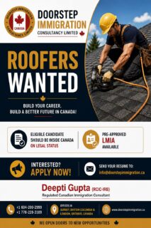 🏠 Roofers Wanted – Build Your Future in Canada! 🇨🇦Looking for your next career opportunity in Canada?Doorstep Immigration Consultancy Limited is recruiting Roofers for employers with Pre-Approved LMIA Available.Eligibility:
✅ Must be inside Canada
✅ Must have valid legal statusIf you're ready to take the next step in your career, this could be the opportunity you've been waiting for.📩 Send your resume: info@doorstepimmigration.ca📞 Call us:
+1 604-200-2999
+1 778-228-3109Deepti Gupta (RCIC-IRB)
Regulated Canadian Immigration Consultant📍 Offices in Surrey, British Columbia & London, Ontario, CanadaDon't miss this opportunity to work with trusted employers and receive professional guidance throughout the hiring process.#RoofersWanted #LMIAJobs #PreApprovedLMIA #JobsInCanada #CanadaJobs #RoofingJobs #ConstructionJobs #HiringNow #WorkInCanada #LegalStatus #ImmigrationCanada #DoorstepImmigration #RCIC #CanadianImmigration #SkilledTrades #CanadaCareers