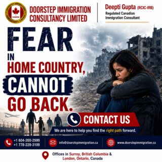 🏡 Fear Returning to Your Home Country? You May Have Options.If you fear persecution, violence, or serious harm in your home country, you may still have legal pathways available under Canadian immigration law.At Doorstep Immigration Consultancy Limited, Deepti Gupta (RCIC-IRB) provides professional guidance to help you understand your options and navigate the immigration process with confidence.📞 Contact us today for a confidential consultation.📍 Offices in Surrey, British Columbia & London, Ontario
📞 +1 604-200-2999 | +1 778-228-3109
📧 info@doorstepimmigration.ca
🌐 www.doorstepimmigration.ca#CanadaImmigration #RefugeeProtection #ImmigrationConsultant #RCIC #DoorstepImmigration #DeeptiGupta #ImmigrationHelp #CanadaVisa #RefugeeClaim #ProtectionClaim #LegalImmigration #ImmigrationSupport #CanadaLife